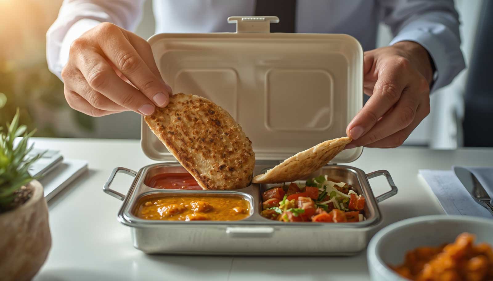Office worker opening homemade Pakistani lunch box with daal chawal and roti